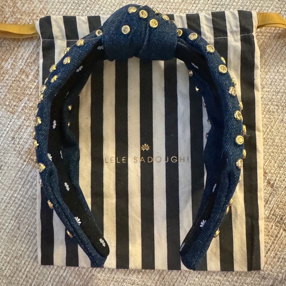 Lele Sadoughi Dark Denim Knotted Headband w/ Gold Stones